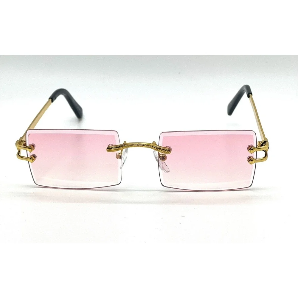 Rimless‎ Sunglasses Pink Lens Gold Frame Rectangle Fashion Shades Classic Retro